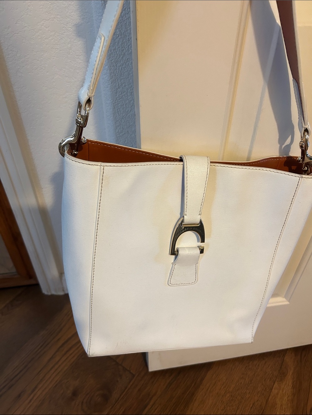 Dooney & Bourke White Leather Shoulder Bag with Silver Buckle Detail
